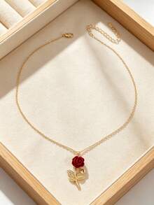 1pc Fashionable & Romantic Red Rose Pendant Necklace, Gift For Women - Red - View 5