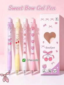 1/4pcs Sweet Bow Click Neutral Pens, Cute Cherry Heart Print Ballpoint Pens, Black Ink Smooth Writing, Stationery For Girls Students Office, Back To School Gift For Friends - Sets - View 2