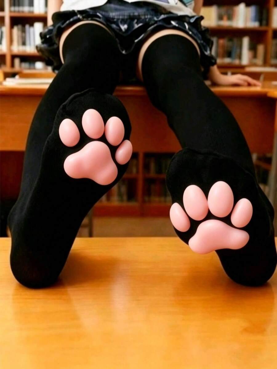 3D Cat Paw Over-The-Knee Socks, Cute Soft Toe Socks, Cat Paw Pads Socks, Suitable For Girls And Women Cosplay Outfits - Black - View 1