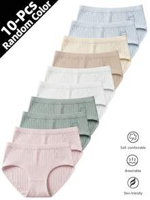 10pcs Random Vibrant Candy Color Breathable Comfortable Polyester Triangle Panties, Women's Daily Underwear - Multicolor - View 1