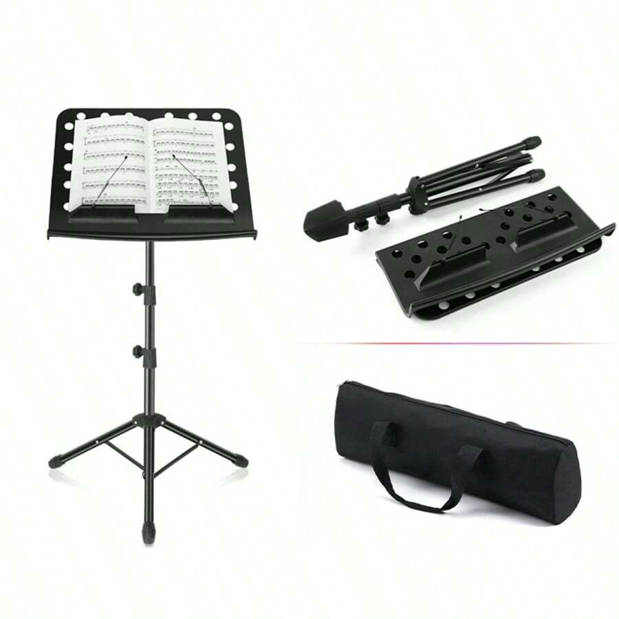 Foldable Adjustable Music Stand, Portable Metal Sheet Music Stand For Guitar, Guzheng, Violin, Musical Instrument Score Holder For Home & Performance,Stable Anti‑Shake, Adjustable View Angle - Black - View 1