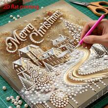 1pc New Pearl Painting Set, 3D Christmas Snow Village Scene Design With Christmas Tree And Golden Floral Pattern, Self-Adhesive Pearl Rhinestones, Suitable For Holiday Birthday Gift, Home Decor - Pearl Painting - View 8
