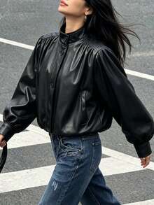 Women's Autumn Elegant Harrington G9 Style Leather-Look Jacket, Short Jacket With Ruched Cuff Design, Suitable For Commuting, Casual, Halloween Holiday - Black - View 9