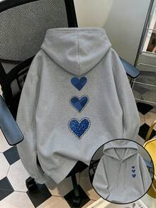 Áo hoodie nữ size lớn in hình trái tim hai mặt phong cách Y2K, có dây rút và túi, phù hợp phong cách đường phố thường ngày cho mùa thu đông - Xám - Xem 1