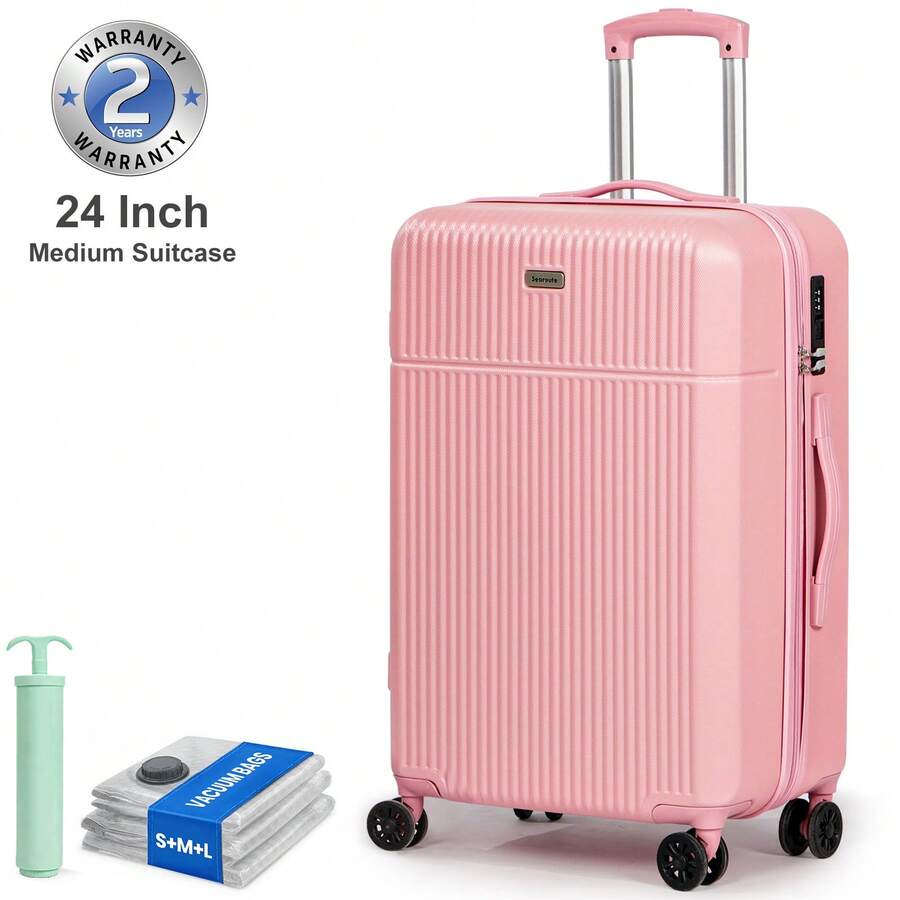 24 Inch Medium Suitcase ABS Hard Shell Lightweight Small Trolley Travel Cabin Luggage With 4 Double Spinner Wheels TSA Lock-Pink - Pink - View 1