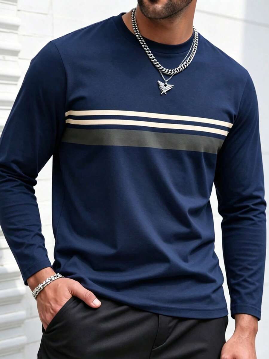 Kaos Lengan Panjang Pria Warna Biru Tua dengan Motif Garis Horizontal Tiga Warna Cokelat Muda & Abu-abu | Potongan Longgar, Nyaman, Kasual, dan Serbaguna - Navy Blue - View 1