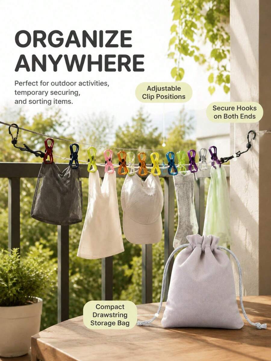Multi-Color Portable Clothesline Clip Set With Heavy-Duty Retractable Windproof Clothesline, Rust-Proof Metal Laundry Clips And Storage Drawstring Bag, Suitable For Outdoor, Indoor, Travel, Camping To Dry Towels, Socks, Underwear - View 1
