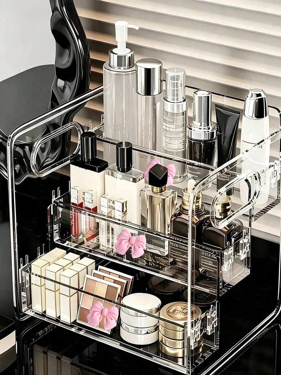 Pink Bow Desktop Organizer/Portable Three-Tier Storage Rack/Cosmetic Organizer/Suitable For Storing Lipsticks, Perfumes, Makeup Brushes, Toners, Lotions, Etc./Applicable For Bathrooms, Bedrooms, And Vanities/Desk & Drawer Organizer For Home Storage