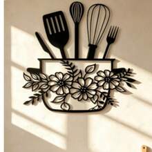 1pc 2D Flat Printed Faux Metal Wall Decor - Black And Colorful Floral Kitchen Decoration With Cooking Utensils Pattern, Modern Farmhouse Style Exquisite Craftsmanship Indoor Wall Hanging Thanksgiving Home Decor - Black - View 2