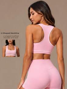 Women's High Support Sports Bra U Neck Racerback Contrast Stitching Brushed Fabric Removable Padded Workout Sets Yoga Gym Running Athletic Activewear - Pink - View 1