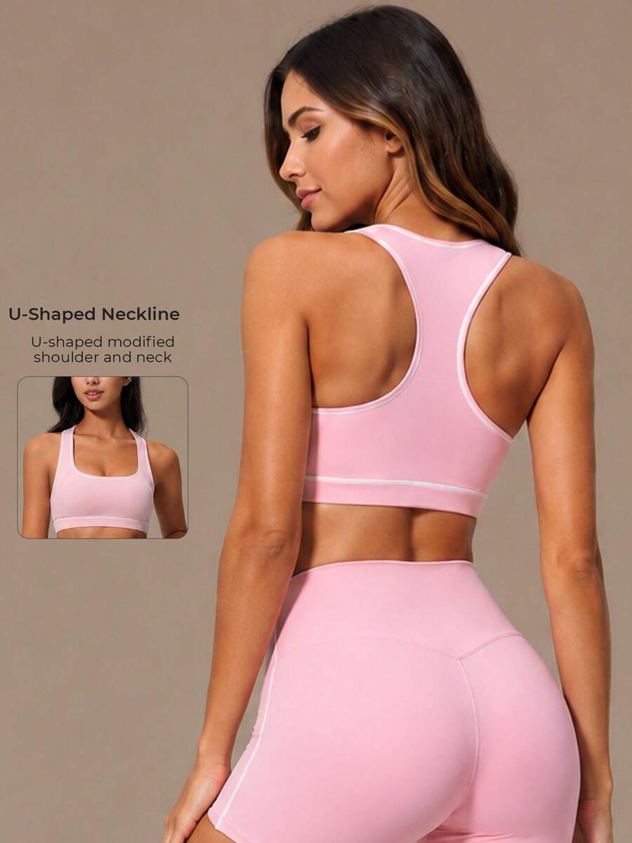 Women's High Support Sports Bra U Neck Racerback Contrast Stitching Brushed Fabric Removable Padded Workout Sets Yoga Gym Running Athletic Activewear - Pink - View 1