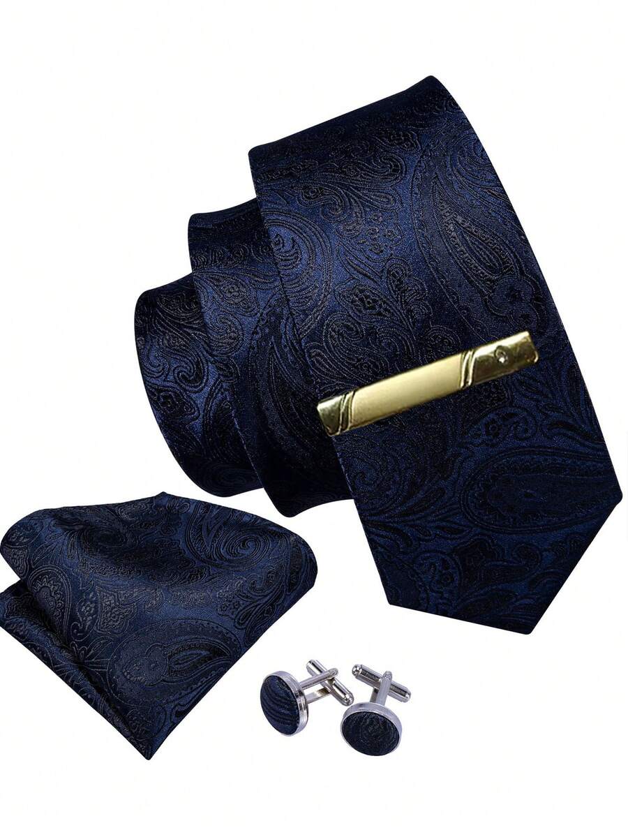 Navy Blue Paisely Necktie Set Men Silk Tie With Pocket Square Cufflinks Tie Clip Formal Wedding Business Accessory Gift Set - Royal Blue - View 1