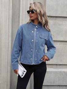 Mobula Sound# Spring/Autumn Versatile Fashion Striped Denim Jacket, College Style, Vacation, Daily, Travel, Airport, Zipper Long Sleeve Denim Jacket For Women - Blue - View 5
