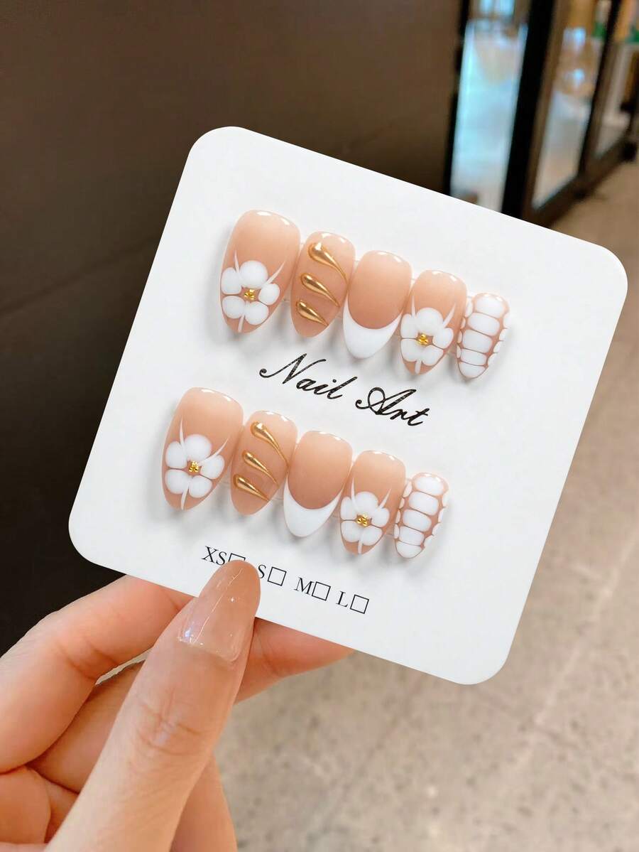 YINZIJIA 10 Pieces, Handmade French Floral Gradient, Suitable For Girls Who Pursue Individuality And Uniqueness In Daily Life, Subtle Differences=Unique Handmade Short Almond Shaped Pure Handmade Nail Set, 1 Nail File And 1 Piece Of Jelly Glue - Dusty Pink - View 1