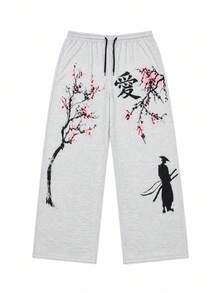 Men's Ink Wash Cherry Blossom Branch Print Drawstring Waist Sweatpants - Light Grey - View 5