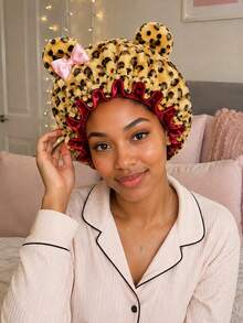 CONFLASS Leopard Print Plush 3D Cat Ear Bow Headband Hat, Quick-Dry Soft Sleep Cap, Suitable For Daily Nighttime Hair Care - Leopard Print - View 3