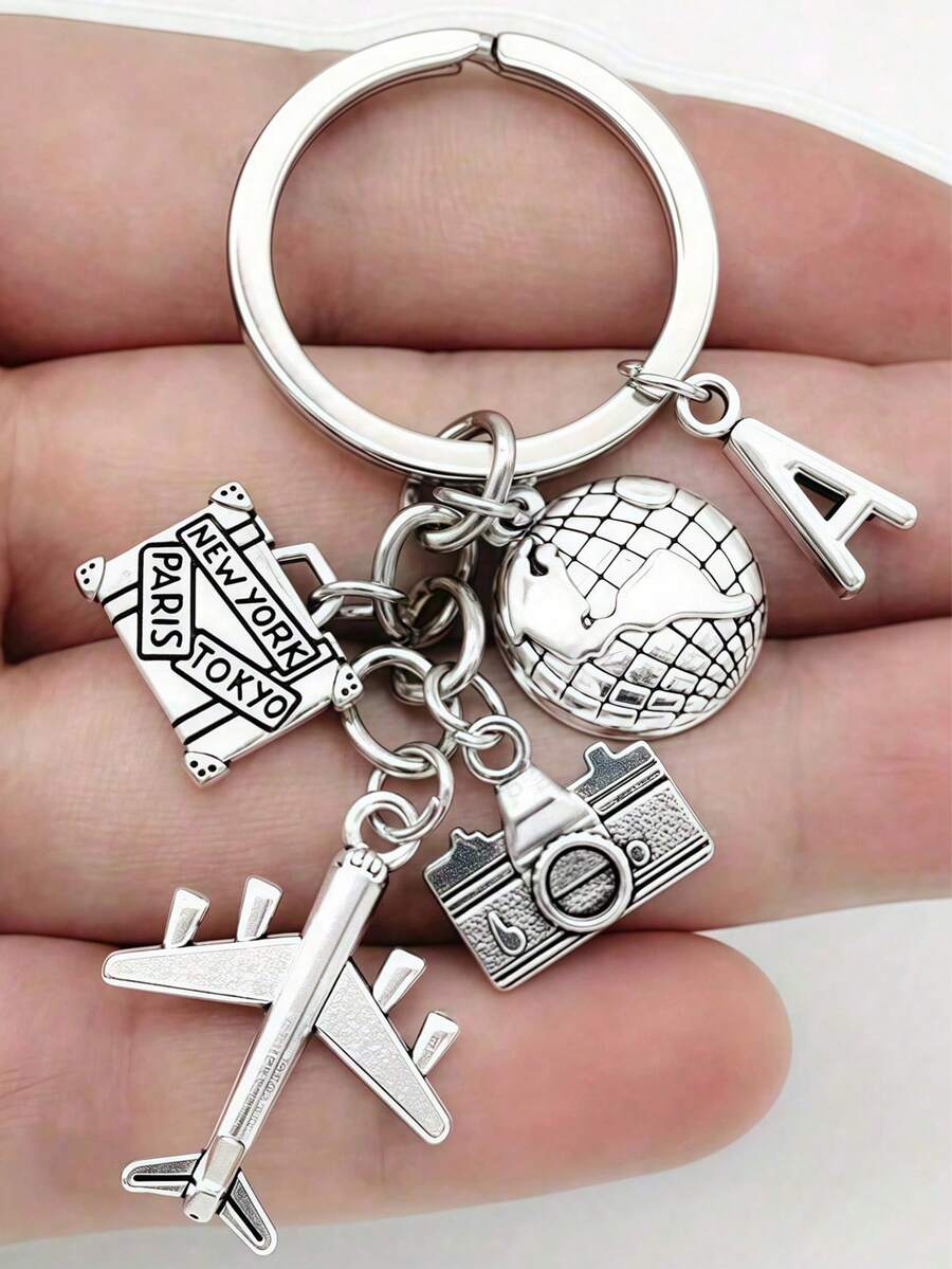 Zinc Alloy Travel Alphabet Keychain With Plane, Globe And Camera Charms, Y2K Goth Bag Car Accessory, Holiday Gift For Parents, Teachers And Graduates - Multicolor - View 1