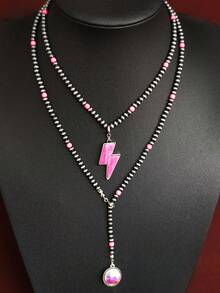 1pc Western Style Lightning Pendant Long Beaded Necklace, Vintage Y-Shaped Water Drop Colorful Rhinestone Pendant, Women's Layering Accessory, Multicolor - Necklace - View 4
