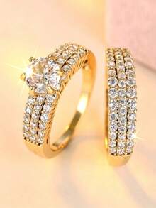 2pcs/Set Fashion Stackable Rings, Minimalist Luxury Cubic Zirconia Couple Rings, Versatile For Engagement, Wedding, Party And Daily Wear - Perfect Birthday, Anniversary Or Jewellery,Accessories - Gold - View 8