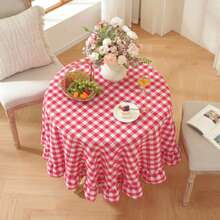 1pc Nordic Minimalist Red Plaid Ruffle Edge Pure Cotton Tablecloth, Suitable For Wedding, Valentine's Day And Daily Use - Red - View 6