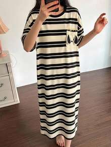 DAZY 1pc Women's Sleepwear Set, Short Sleeve Striped Nightgown With Cartoon Dog Pattern Pocket Decor, Suitable For Outdoor Wear, Spring/Summer - Multicolor - View 3