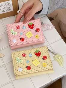 Cute Polka Dot 3-Fold Wallet With Button Decor & Star Wing Charm,Cute Ladybug Portable Coin Purse,Compact Women's Short Purse,Daily Card Organizer - Multicolor - View 8