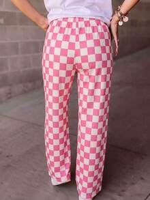 Women's Spring/Autumn New Fashionable Minimalist Checkerboard Print Casual Pants, Personalized Niche Loose Wide-Leg Trousers Suitable For Work, Commute, Office, Travel, Party, School, Home, Daily Versatile Wear - White Pink - View 3
