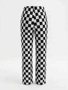 Women's Spring/Autumn New Fashionable Minimalist Checkerboard Print Casual Pants, Personalized Niche Loose Wide-Leg Trousers Suitable For Work, Commute, Office, Travel, Party, School, Home, Daily Versatile Wear - White Ink - View 4