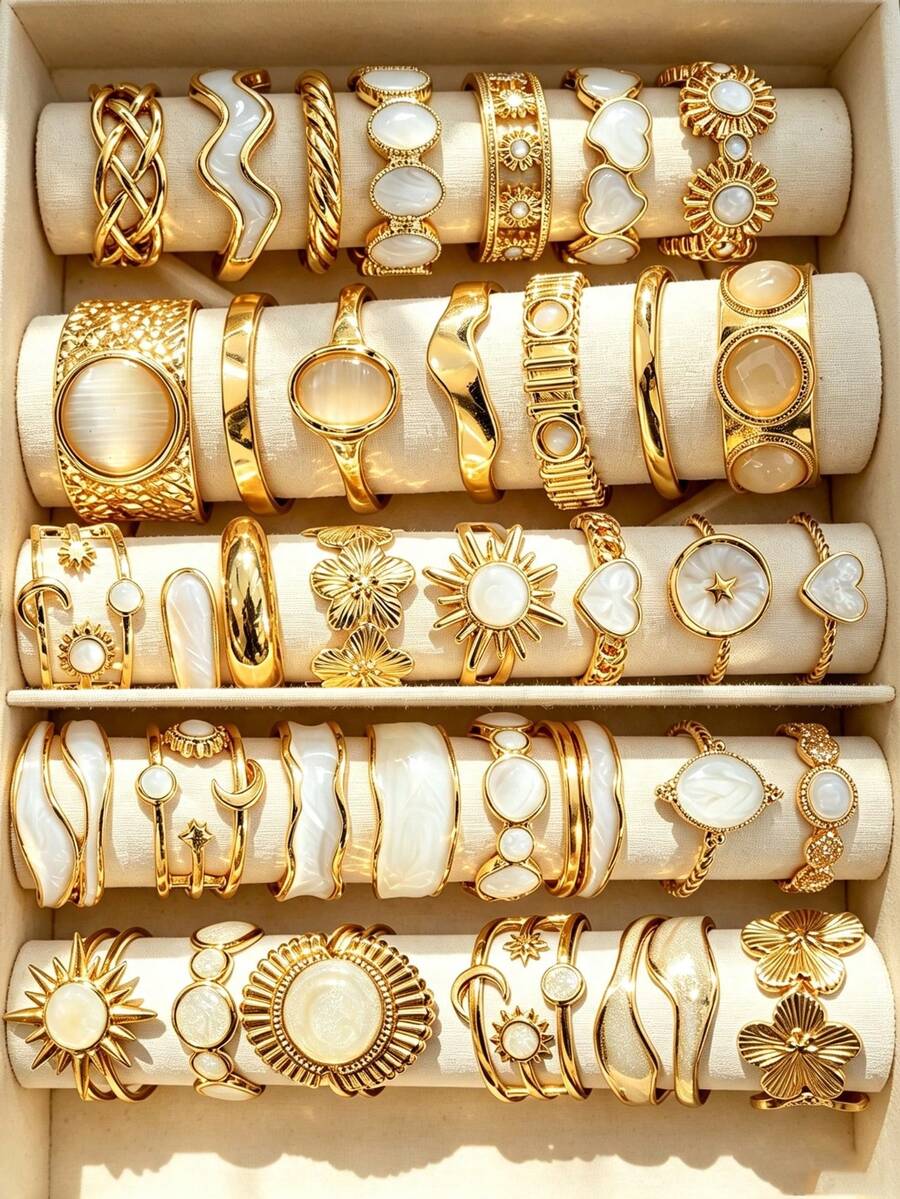 Random Style 21/13/7pcs Simple Fashion Drip Oil Sunflower Heart Flower Star Moon Multi-Element Ring Set For Women Sisters Vacation Date Gift Daily Casual Party Wedding Matching - Yellow Gold - View 1