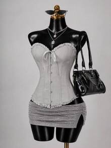 Grey Jacquard Bandeau Top, Front Bow & Ruffle Trim Fitted Bustier, Fashionable Party & Outing Style Summer - Grey - View 1