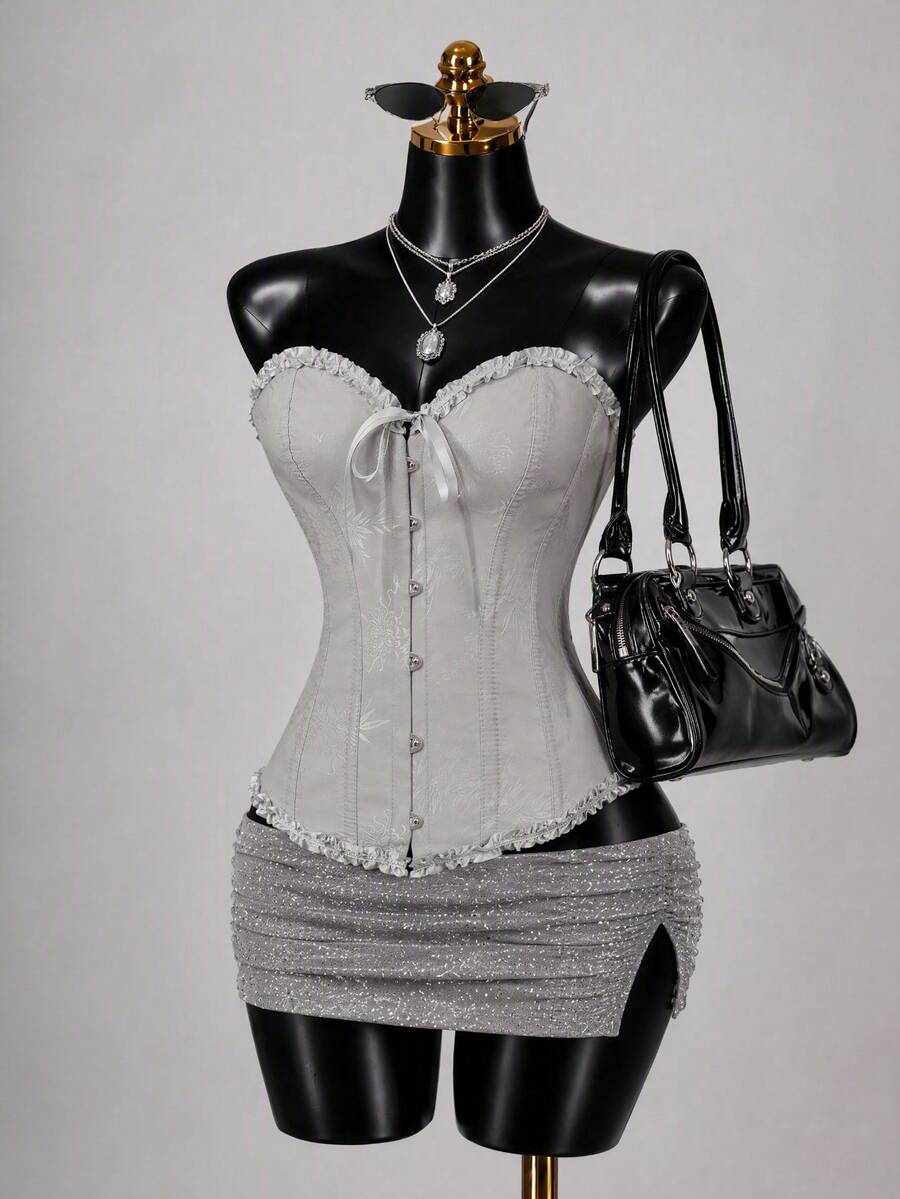 Grey Jacquard Bandeau Top, Front Bow & Ruffle Trim Fitted Bustier, Fashionable Party & Outing Style Summer - Grey - View 1
