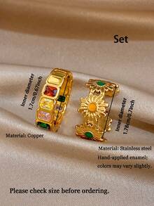 1Pc/Set Retro Flowers Open Ring Multicolor Rectangle Zirconia Ring,Gold Jewelry For Women,Party,Daily,Birthday Gifts,Christmas,Boho/Y2K/Fall/Halloween - Multicolor - View 10