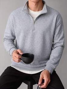 Men's Half-Zip Half-Button Stand Collar POLO Sweatshirt, Solid Color Basic Loose Drop Shoulder Pullover, Minimalist Casual Daily Wear For Autumn/Winter - Grey - View 2