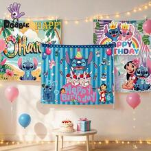 DOBBLE Stitch 1pc 210*150cm Birthday Party Backdrop, Stitch, Angel And Lilo Hawaiian Cartoon Photography Background Banner For Photo Booth, Cake Table, Wall Decor And Party Supplies - View 3