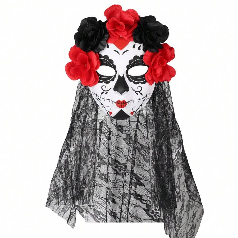 1pc/Day Of The Dead Floral Lace Veil Mask, Halloween Ghost Bride Party Ball Cosplay Costume Photo Prop - Multicolor - View 1
