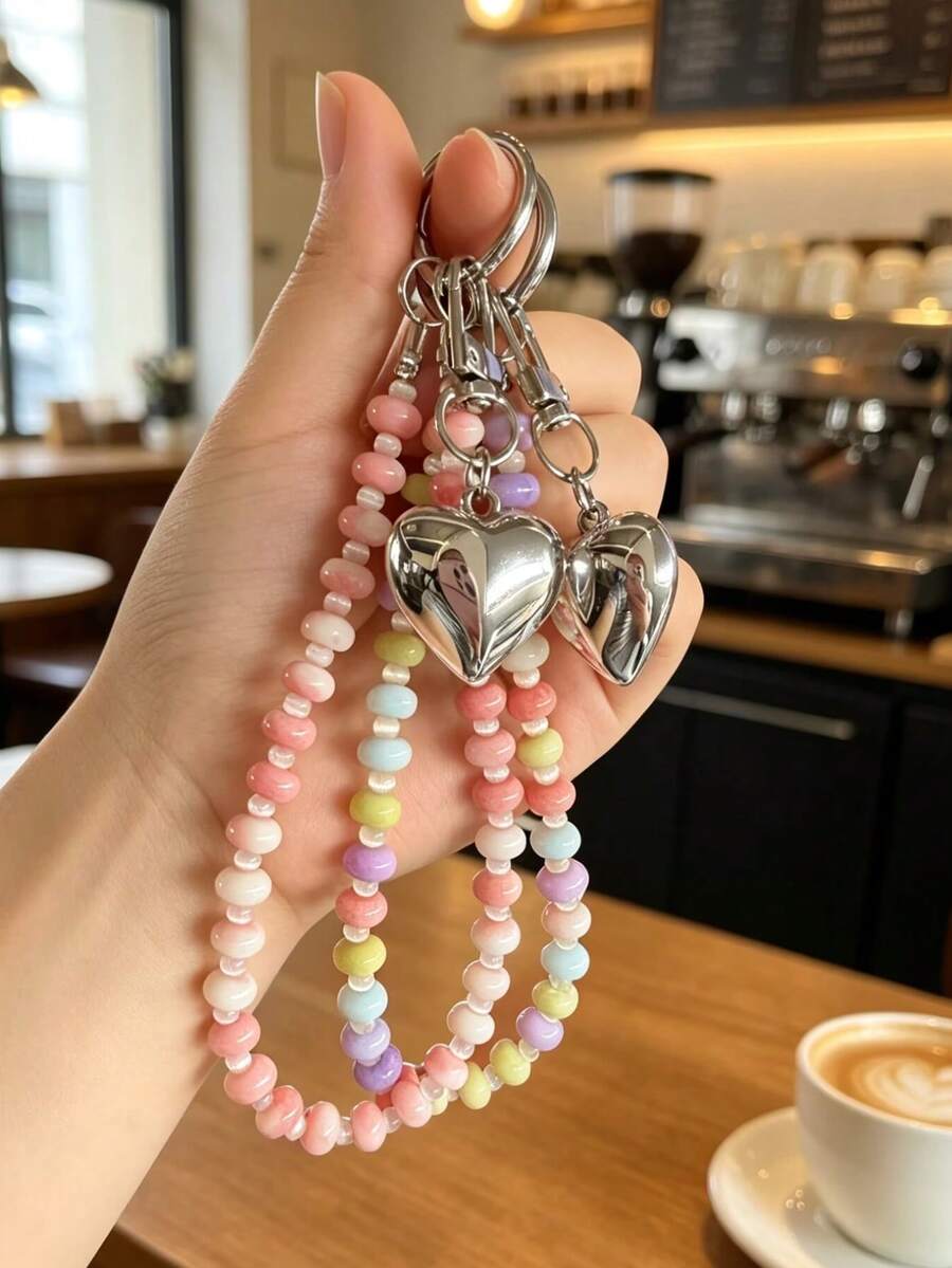 1pc Elegant Cute ABS Plastic (ABS Resin) Heart Keychain Pendant, Car Key Ring, Bag Charm, Beaded Key Chain - Heart - View 1