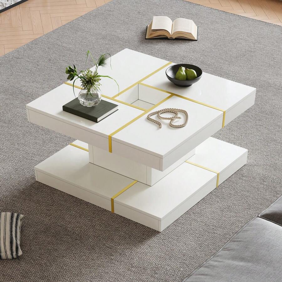 Minimalist Coffee Table / Two-Tier Coffee Table Made Of Particle Board / Open Storage Top And Bottom / With A Groove In The Middle / Easy To Clean / Suitable For Living Room, Study / White - White - View 1