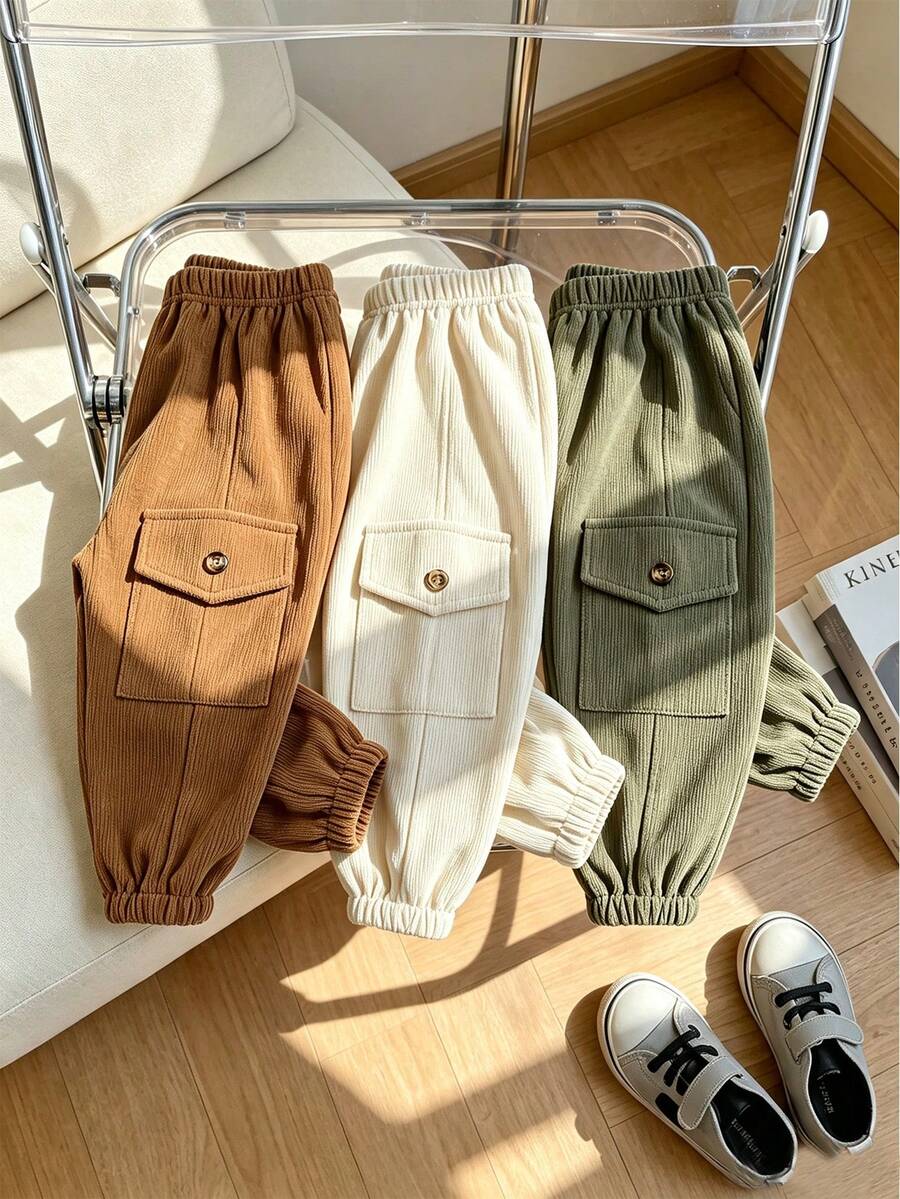 3pcs Baby Boy Corduroy Button Decor Casual Double Pocket Pants Set, Multi-Color - Multicolor - View 1