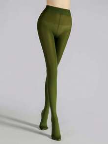 1pc White And Dark Green Leggings - Daily Shaping Tights, Versatile & Soft, Suitable For Pairing With Light-Colored Outfits - Dark Green - View 3