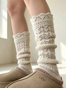 1 Paar Mädchen Cut Out Rauten Strick Slouch Socken, Wellige Spitze Atmungsaktive Mesh Mittlere Waden Socken, Japanischer Sanfter Stil Einfarbig Vielseitig, Geeignet für Ballettschuhe, Schneestiefel, Freizeitkleidung, Dünne Kniestrümpfe - Verschiedenfarbig - Übersicht 1