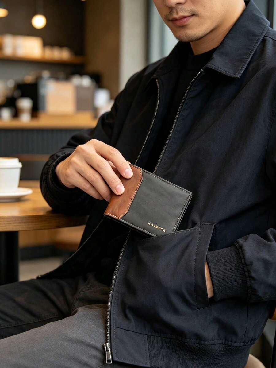 HOVI'S 男士輕量修身 PU 皮夾-極簡雙折設計,附 ID 視窗、10+ 個卡槽與零錢袋(11.8cm 精巧尺寸) - 黑色 - 查看 1