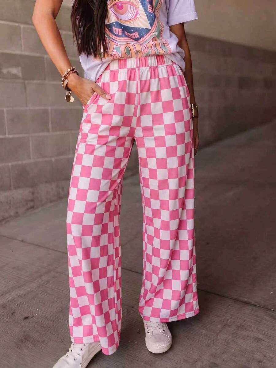 Plus Size Pink Plaid Wide Leg Pants, With Pockets, Stretchy Knit Fabric Spring - Pink - View 1
