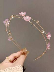 1pc Double Layer Alloy Thin Hair Tie With Faux Pearl Flower Decoration, Sweet Hair Accessory, Girls Headpiece - Multicolor - View 2