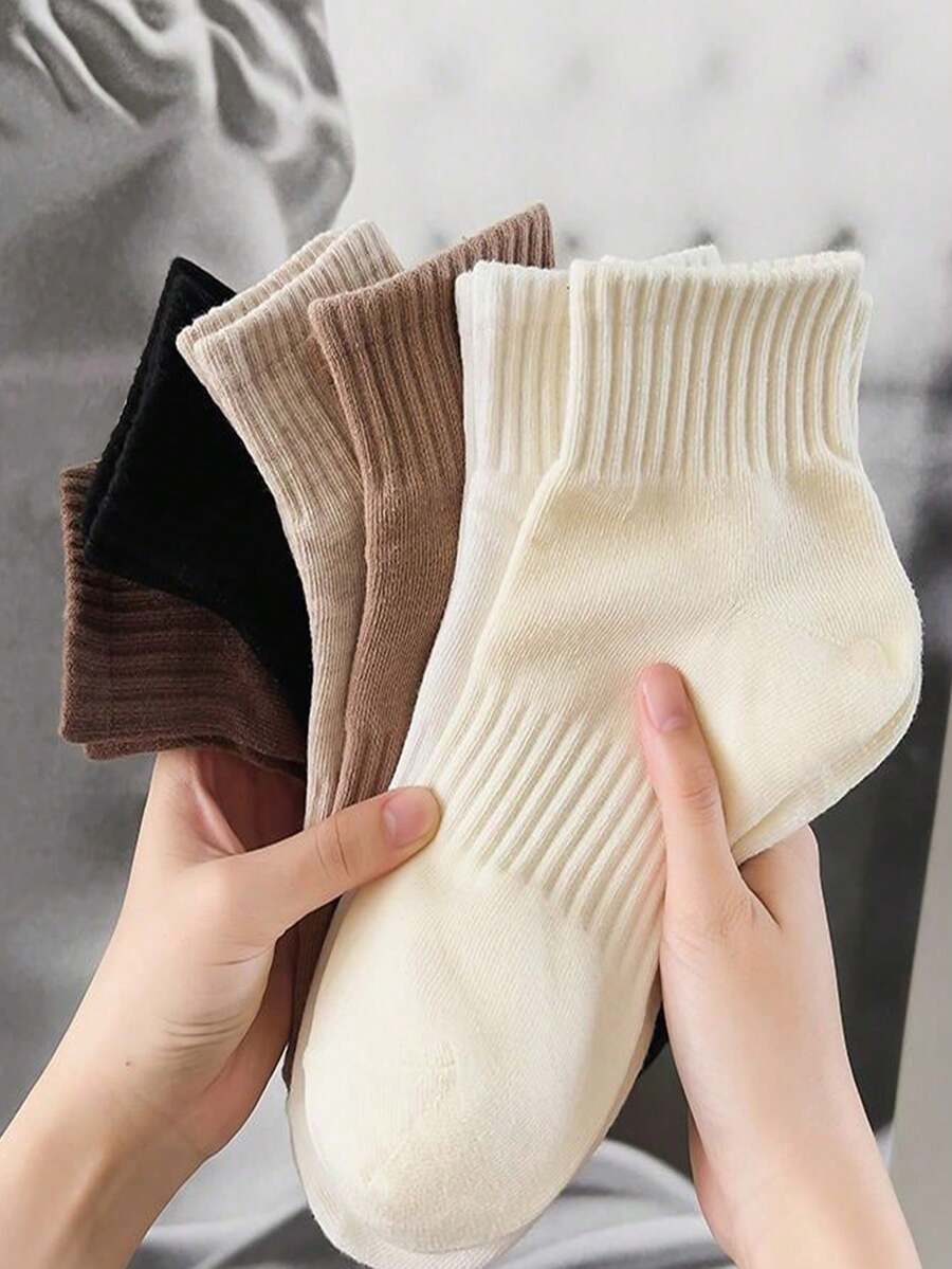 6/10 Pairs Women's New Coffee Color Series Multi-Function Solid Color Short Socks, Simple Comfortable Soft, Suitable For Student Style, Girl Forest Style, Sports Style, Elastic Waistband Anti-Slip Short Socks, Suitable For All Seasons Wear - Multicolor - View 1
