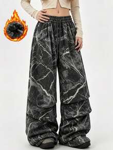 Marble Print Fleece Lined Wide Leg Cargo Pants, Drawstring Elastic Waist Loose Streetwear Long Pants - Black - View 3
