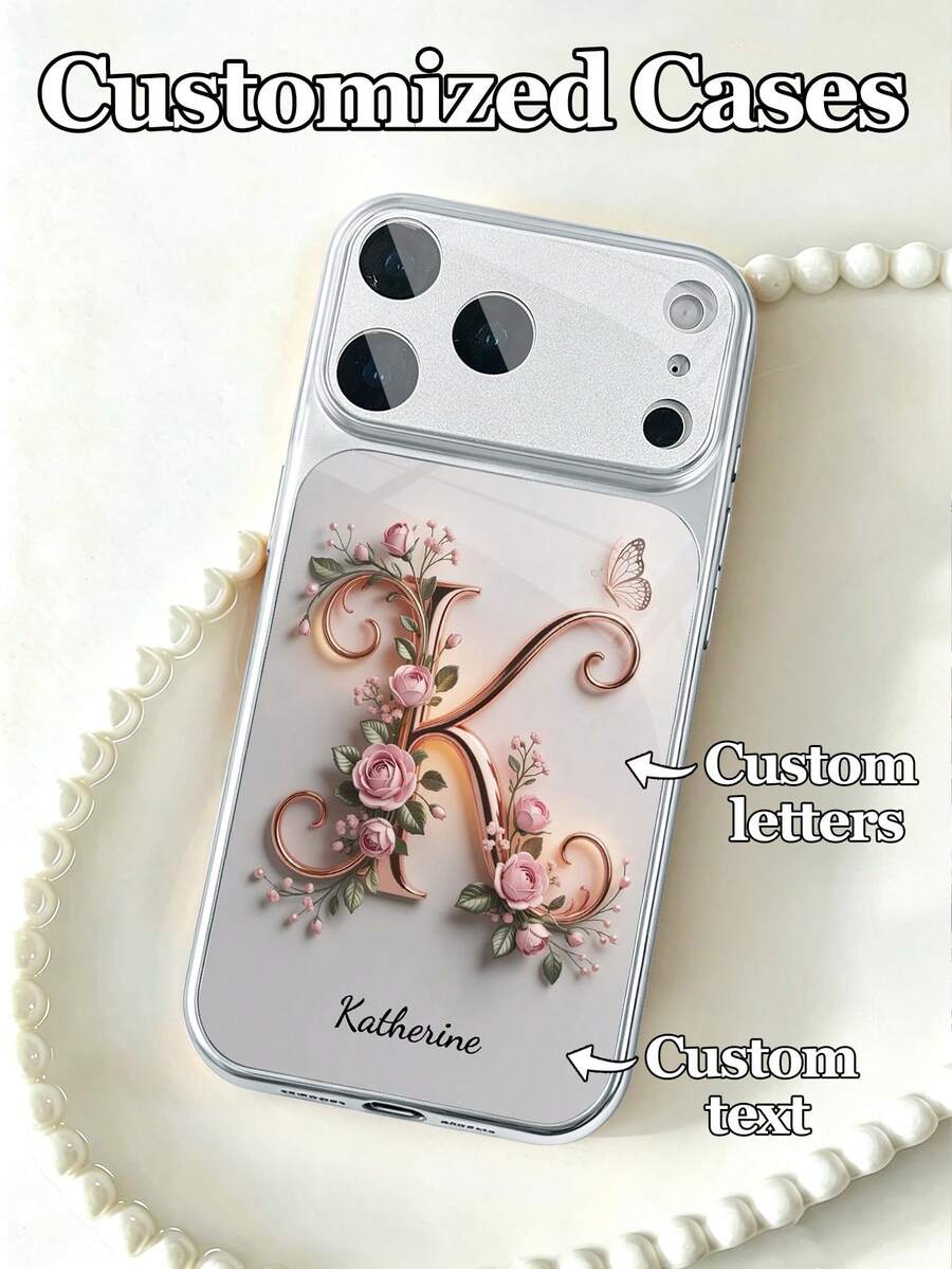 1pc Customizable Text & Letter Design With Pink Rose, Butterfly & Floral Decor, Tempered Glass Material Phone Case Suitable For IPhone 17 ProMax/17 Air/15/16 Pro/14 Plus/13 Pro/12 Pro Max/11, Tempered Glass Camera Protection, Tempered Glass Back Cover, Large Viewing Window Phone Protective Case, Best Gift For Friends And Family - Silver - View 1