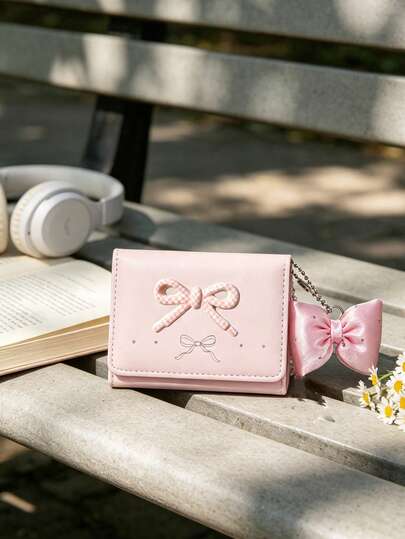 Macaron Color Palette And Bow Embellishments ,Pocket Small Women Wallet Mini Lightweight Minimalist Fashion Women Wallet Wallet Women,Back To School