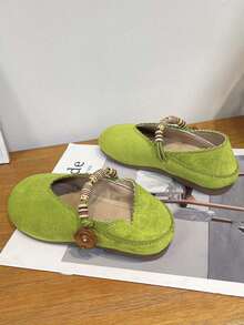 Girls' Vintage Shallow-Cut Mary Jane Shoes, Spring/Autumn Soft Sole Hook And Loop Flower Decor Princess Shoes - Green - View 7