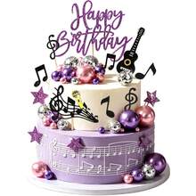 39pcs Music Theme Cake Toppers Purple Girl Happy Birthday Guitar Note Disco Ball Decorations - Multicolor - View 6