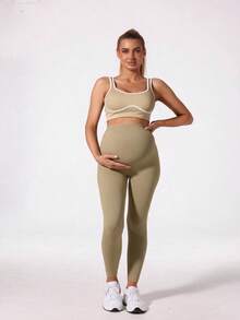 Maternity Seamless High Waist Stretchy Solid Color Leggings, Casual For Daily Wear Spring - Beige - View 2